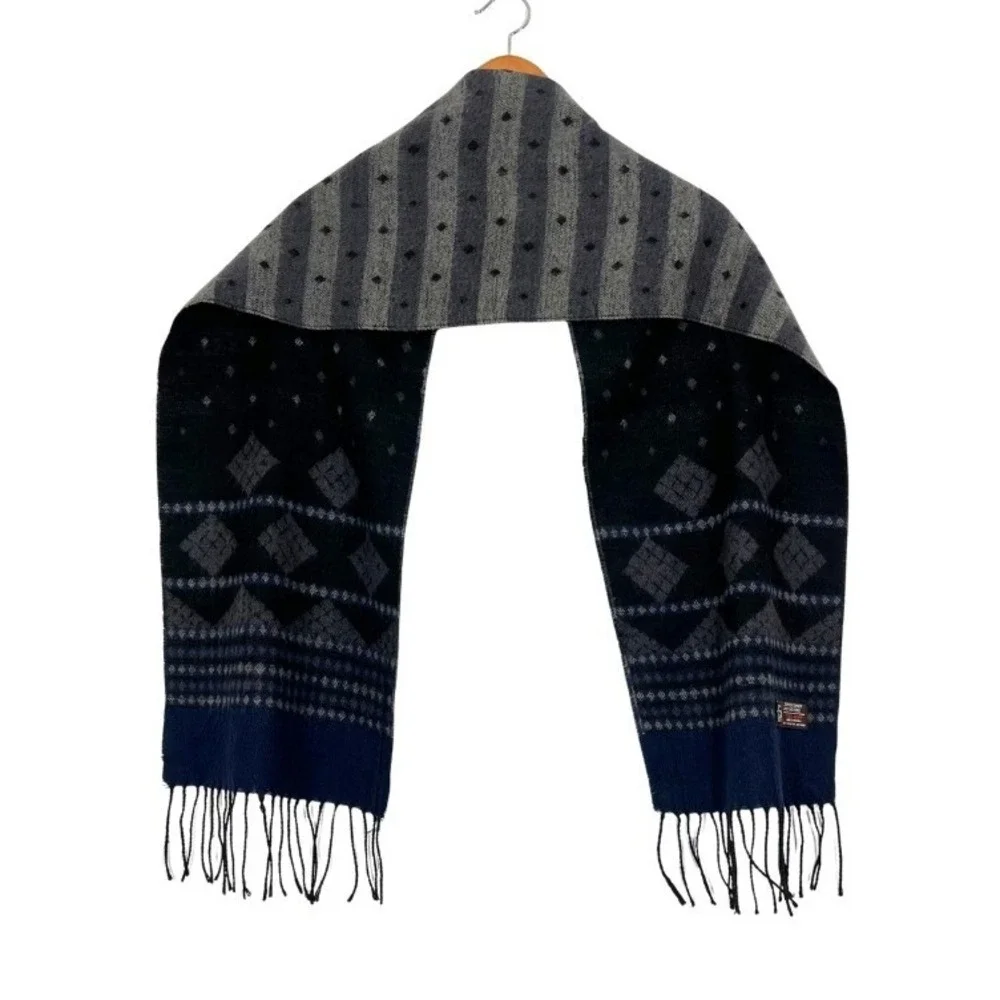 Italian Design‎ Cashmere Blend Scarf Gray Blue Geometric Fringe Winter Wrap